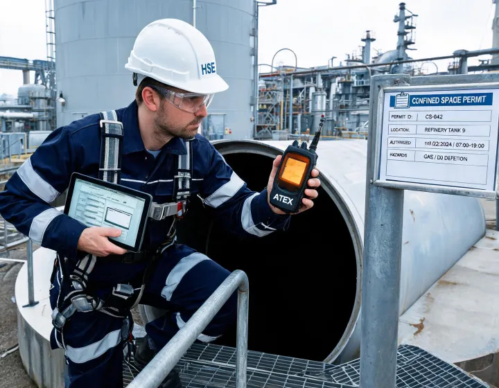 HSE officer with portable multi-gas detector entering a confined space